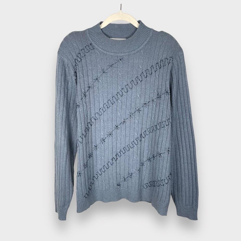 Vintage Alfred Dunner Cable Knit Sweater Womens L Mockneck Blue Star Beaded